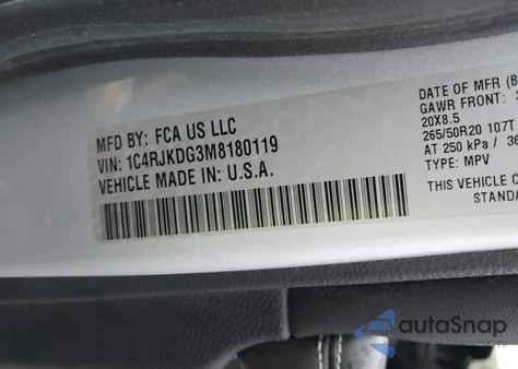 2021 Jeep Grand Cherokee L Overland 4X4 z USA, uszkodzony, nr VIN 1C4RJKDG3M8180119